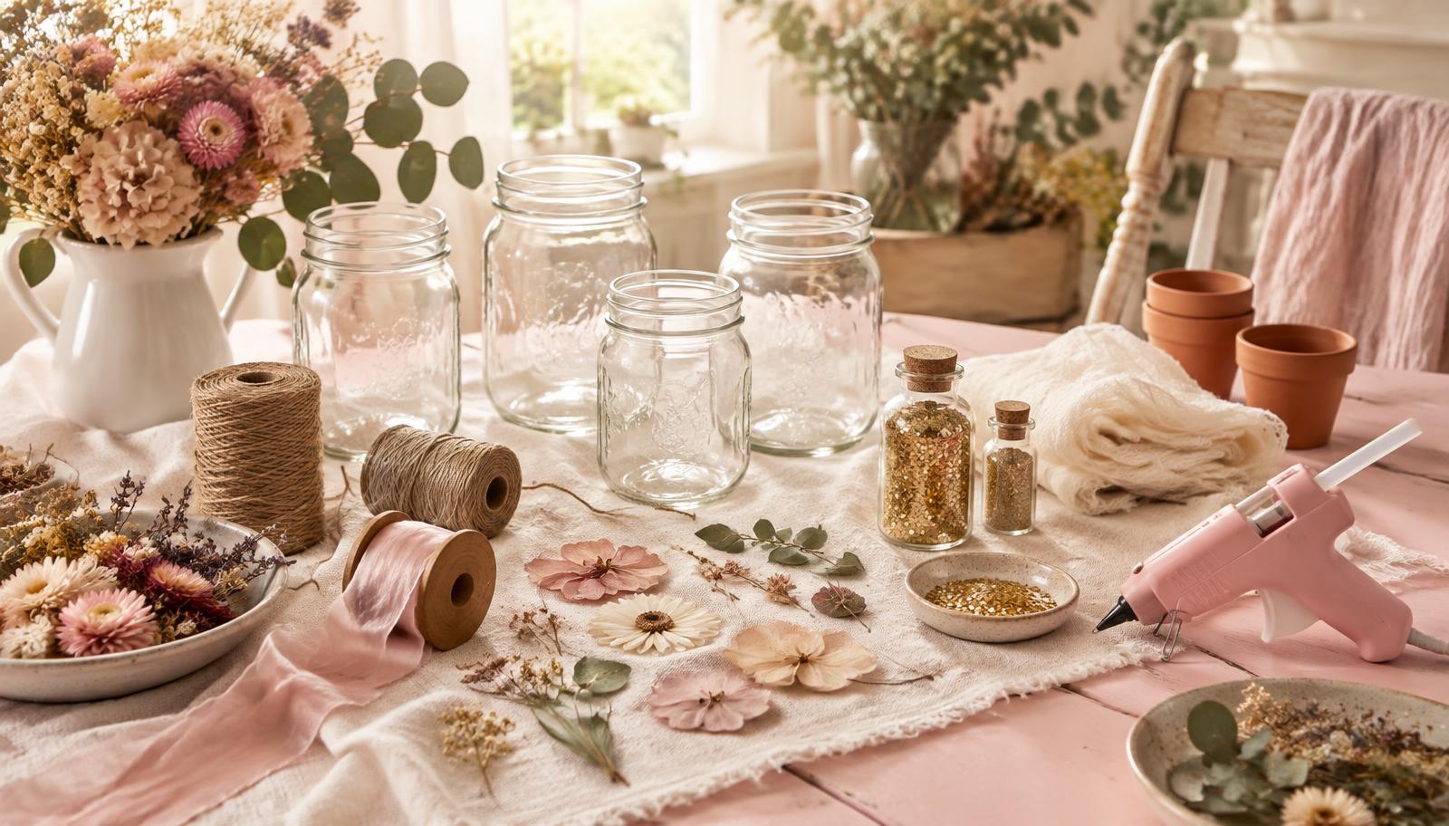 Craft table set up with mason jars, twine, dried flowers, ribbon, gold glitter and a hot glue gun